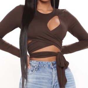 Fashion Nova Khaki Tie-Front Crop Top